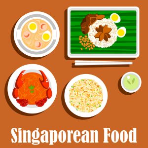 Singaporean dinner icon with flat symbols of fried rice nasi goreng, chilli crab, spicy noodle soup laksa with prawns, chicken rice with hard boiled eggs and chicken liver, served on banana leaf with chopsticks and cup of green tea